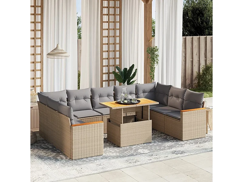 10-delige Loungeset met kussens poly rattan beige