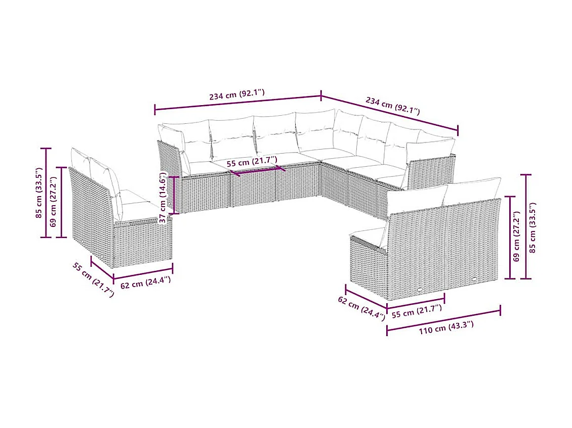 11-delige Loungeset met kussens poly rattan lichtgrijs