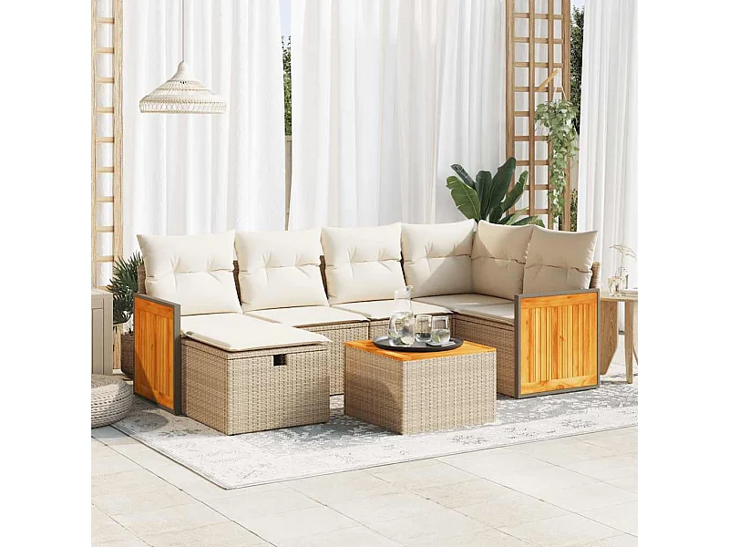 Salon de jardin avec coussins 7 pièces beige résine tressée