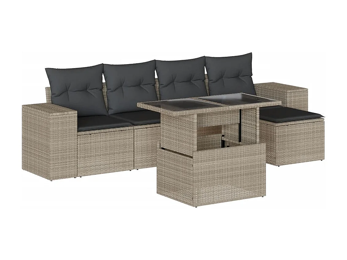 Salon de jardin 6 pièces avec coussins gris clair résine tressée