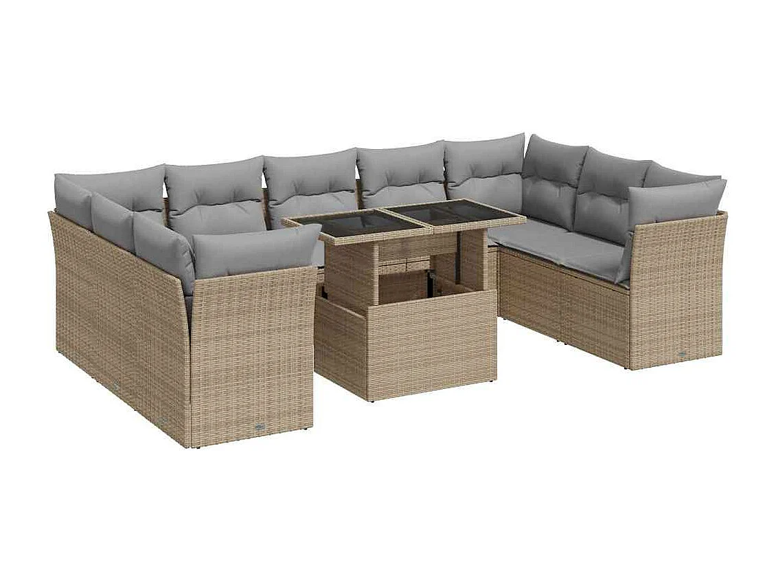 Salon de jardin avec coussins 10 pièces beige résine tressée