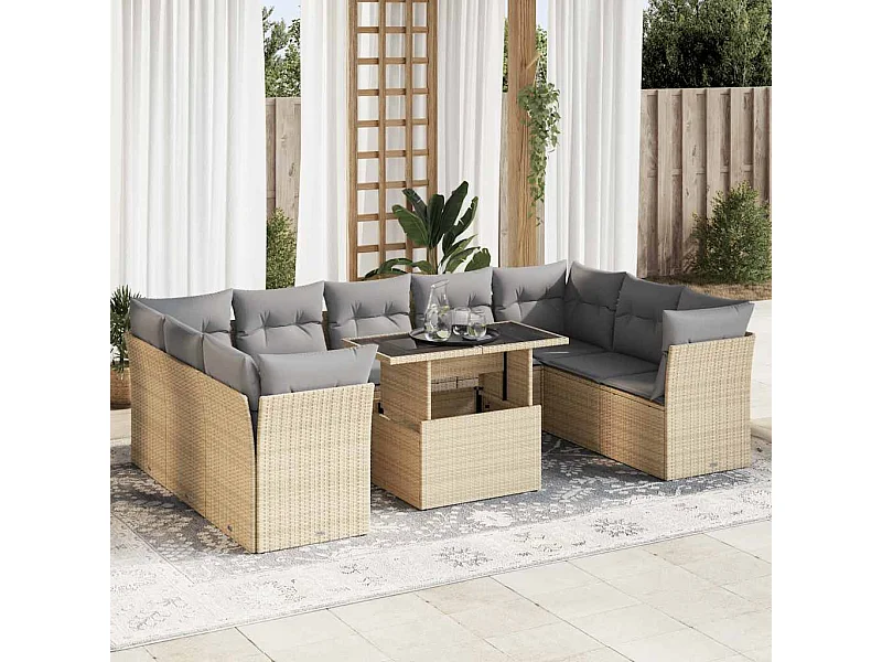Salon de jardin avec coussins 10 pièces beige résine tressée