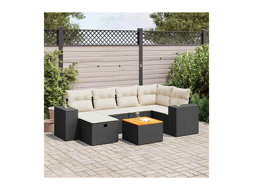 Salon de jardin 7 pièces avec coussins noir résine tressée
