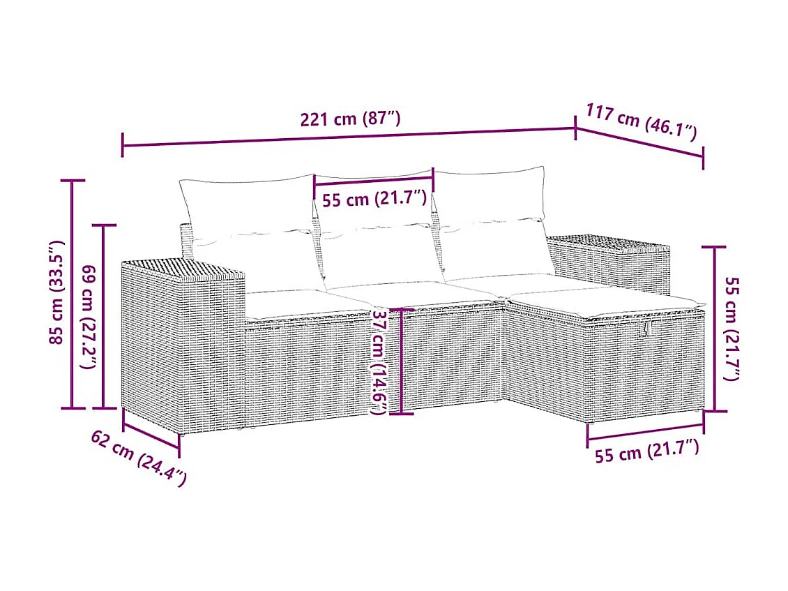 Salon de jardin 4 pièces avec coussins gris clair résine tressée