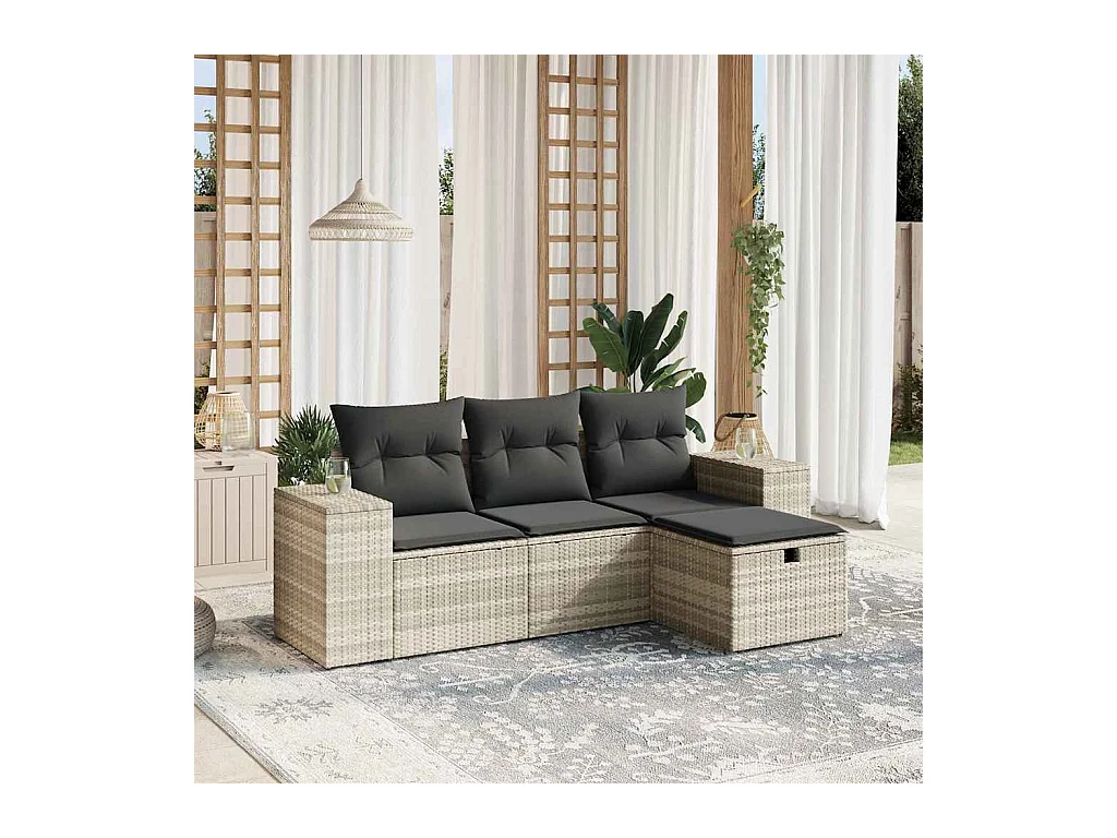 Salon de jardin 4 pièces avec coussins gris clair résine tressée