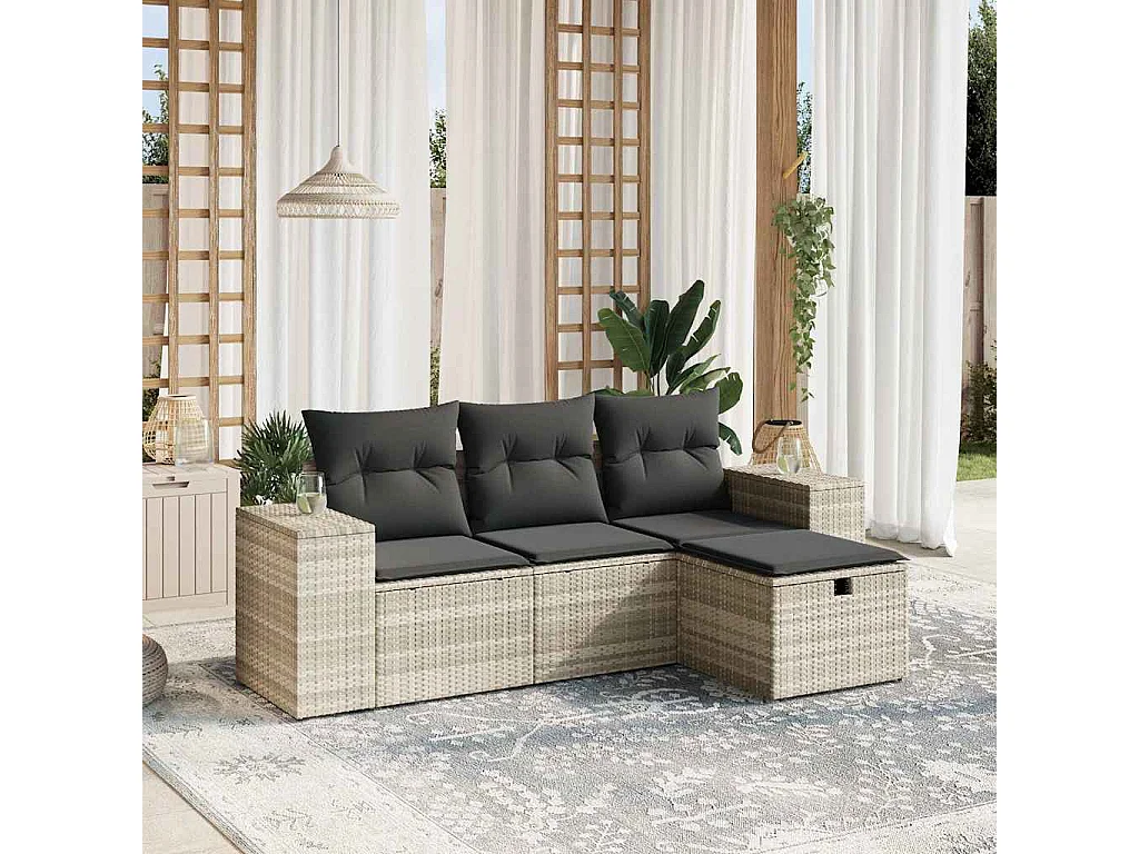 Salon de jardin 4 pièces avec coussins gris clair résine tressée