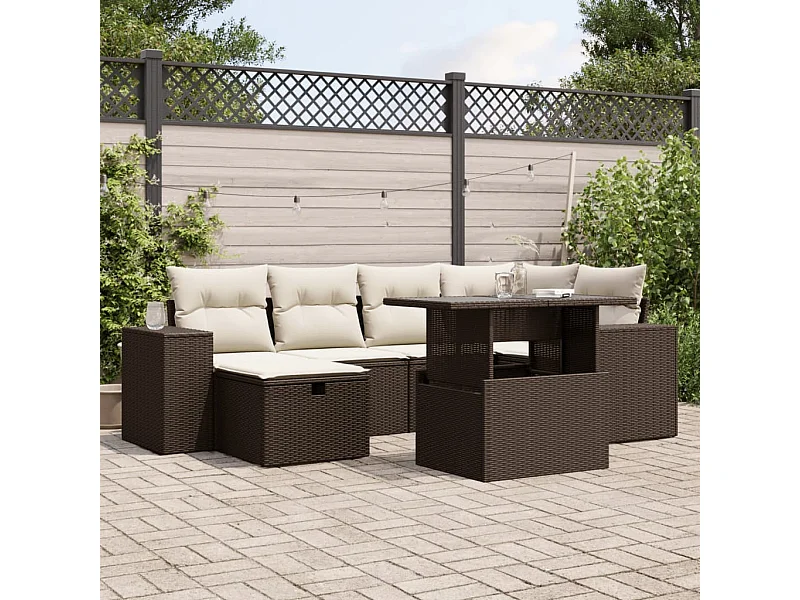 7-delige Loungeset met kussens poly rattan bruin