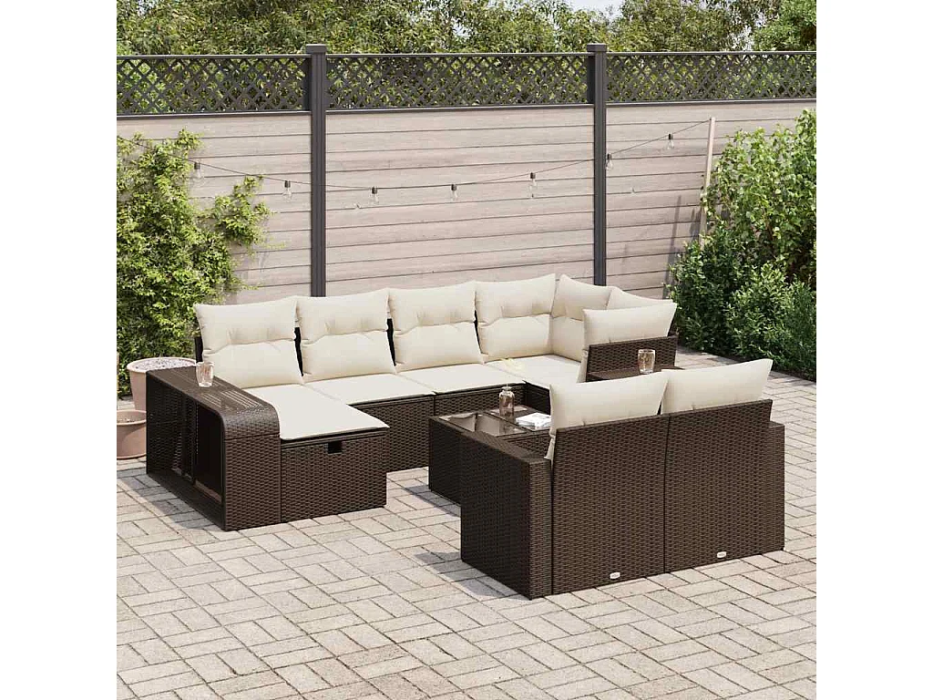 Salon de jardin et coussins 11 pièces marron résine tressée