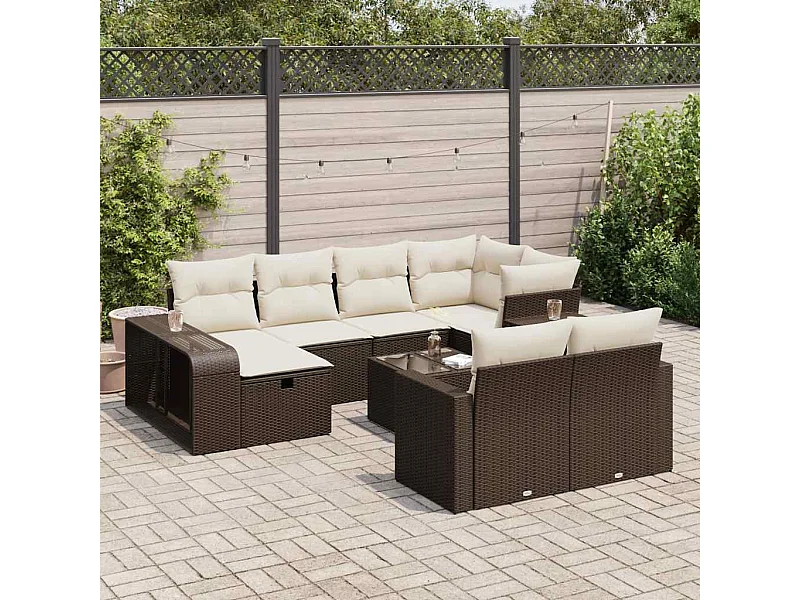 11 peças conjunto sofás de jardim com almofadões vime PE castanho