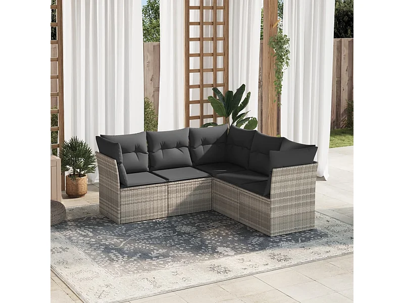 5-delige Loungeset met kussens poly rattan lichtgrijs