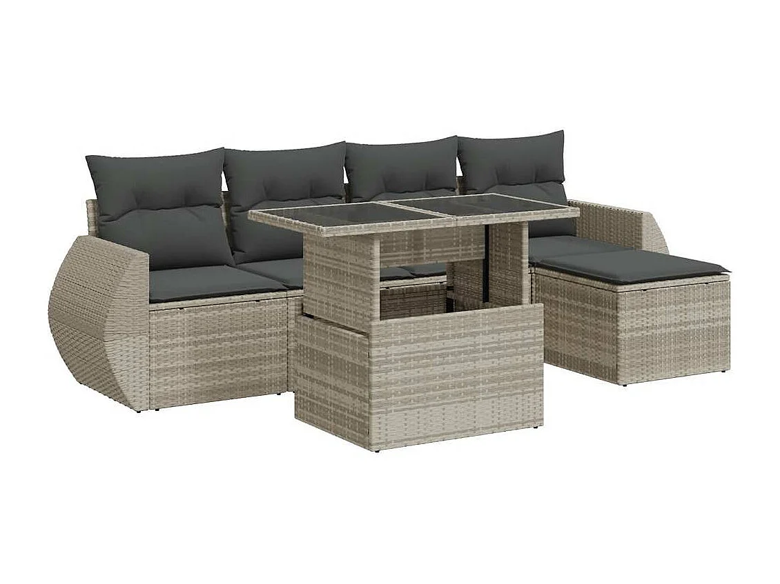 6-delige Loungeset met kussens poly rattan lichtgrijs