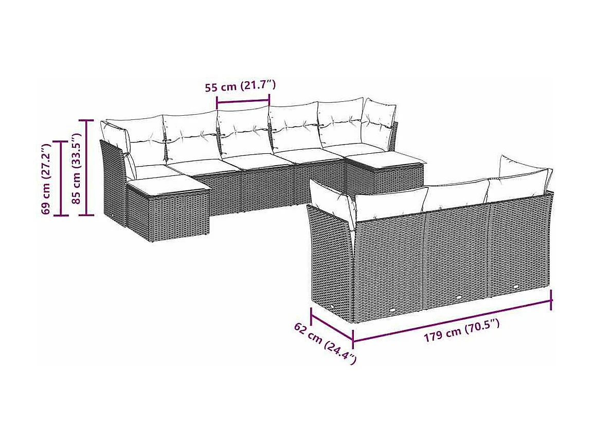 10 peças conj. sofás jardim com almofadões vime PE cinzento-claro