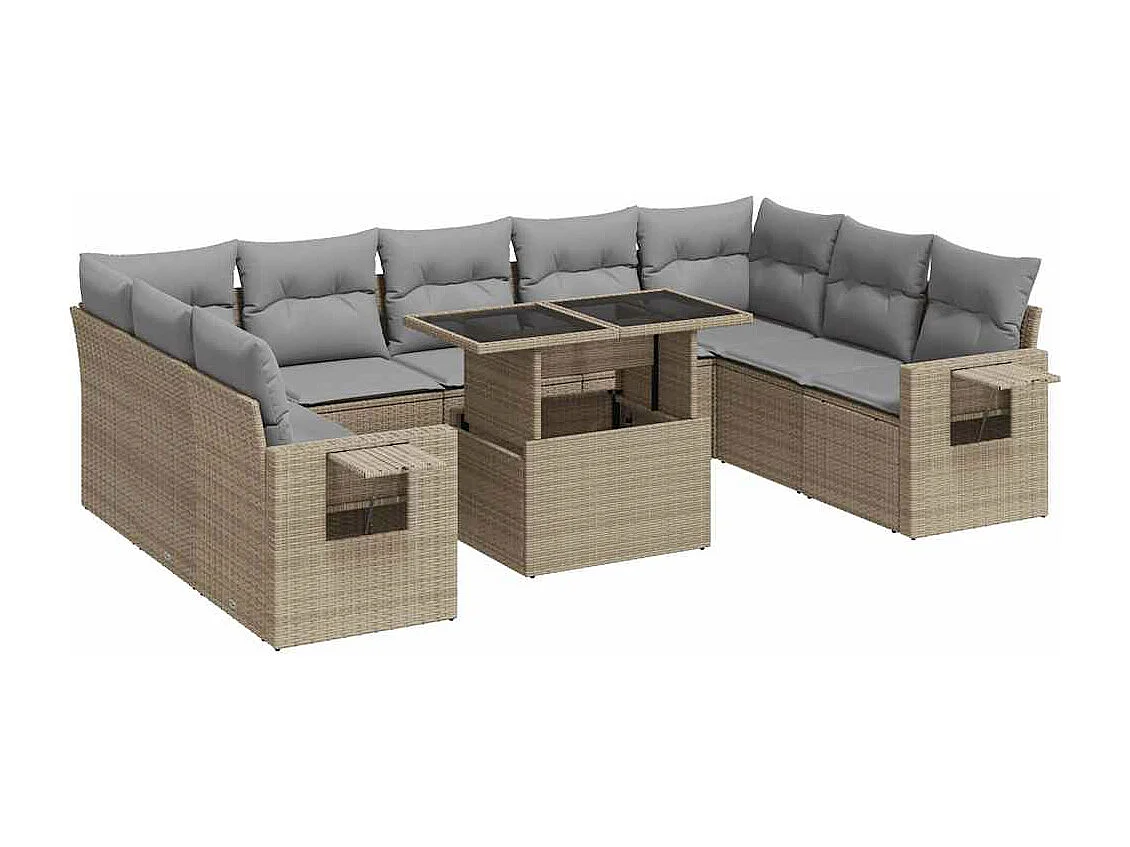 Salon de jardin avec coussins 10 pièces beige résine tressée