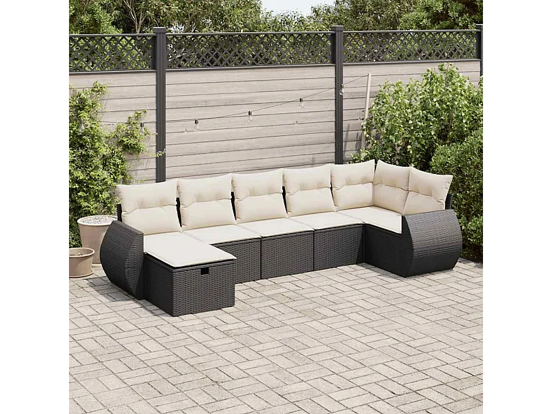 7-delige Loungeset met kussens poly rattan zwart