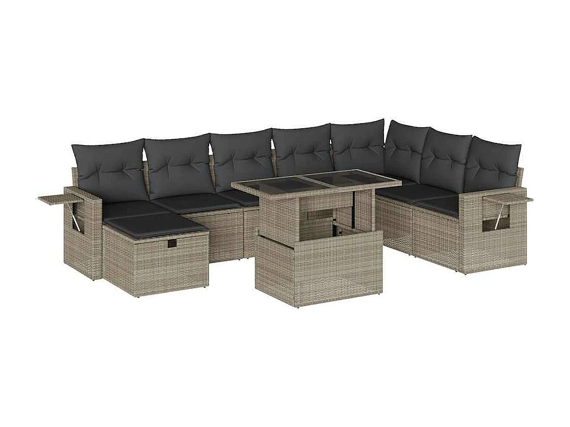 Set muebles jardín 9 piezas y cojines ratán sintético gris claro