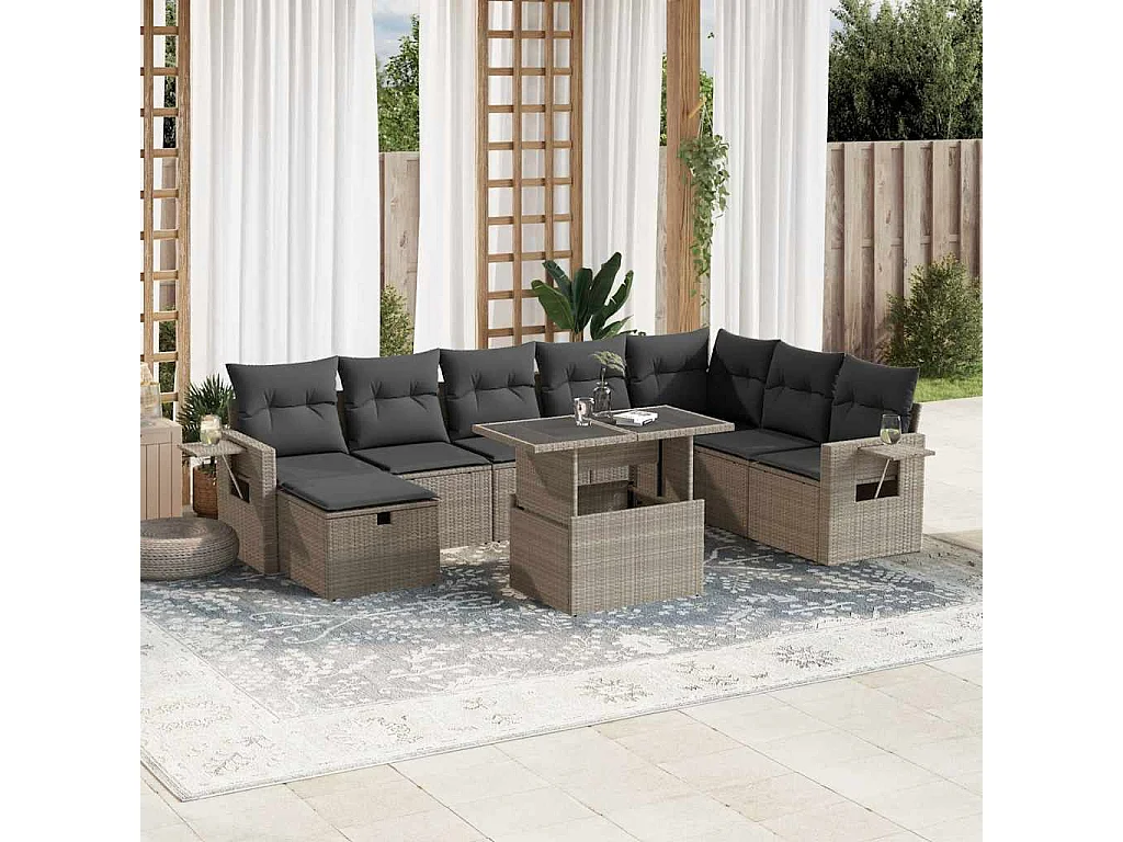 Salon de jardin 9 pièces avec coussins gris clair résine tressée