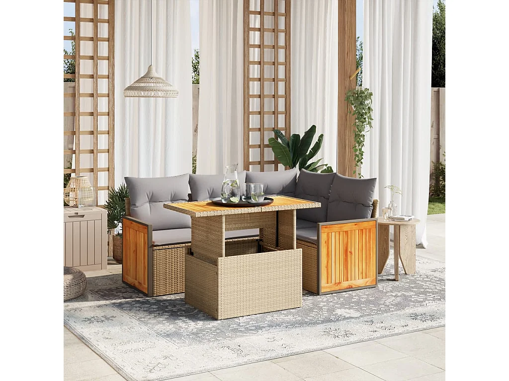 5 peças conjunto de sofás para jardim com almofadões vime PE bege