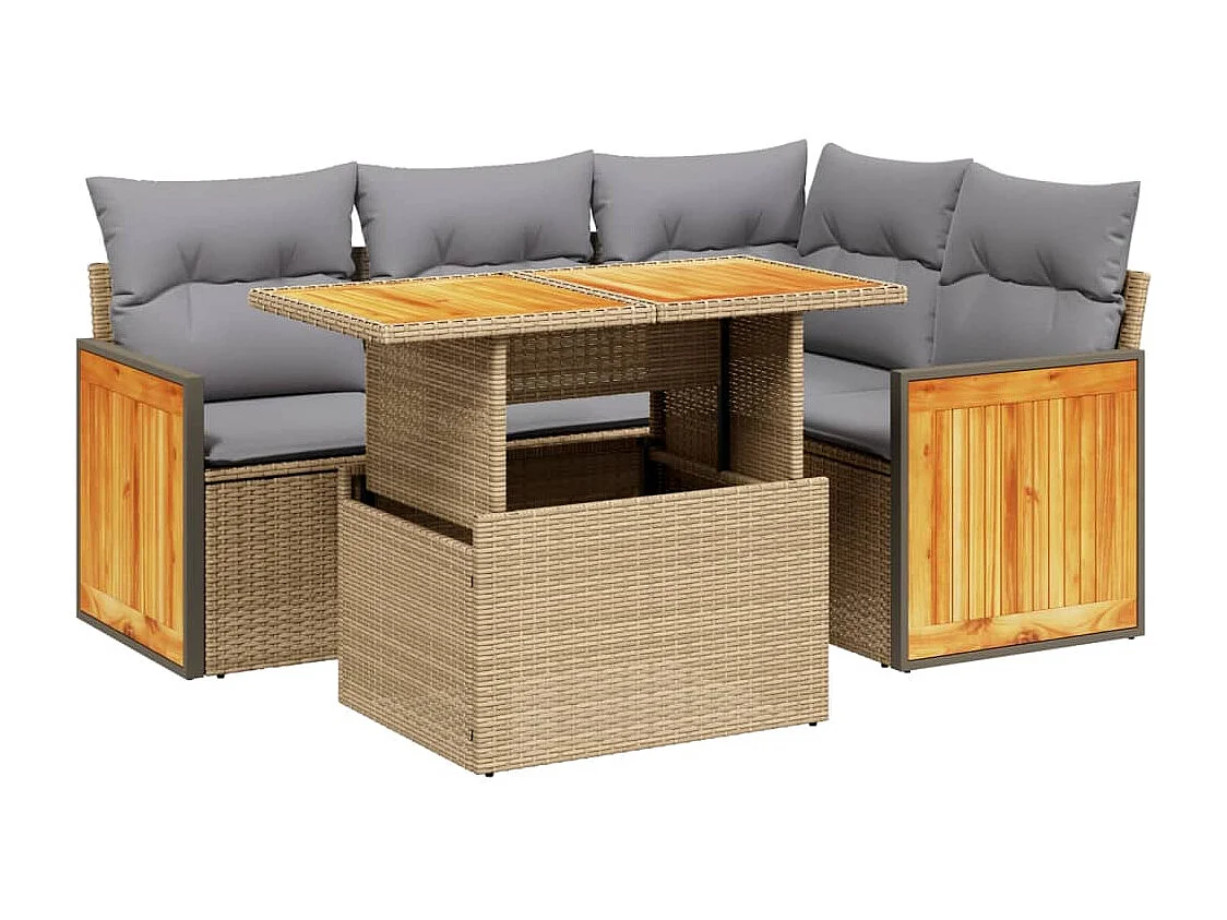 5 peças conjunto de sofás para jardim com almofadões vime PE bege