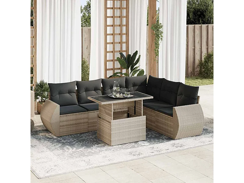 Salon de jardin avec coussins 7 pièces gris clair résine tressée