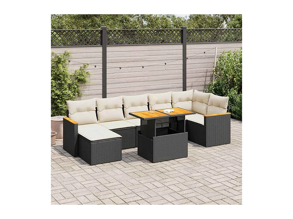 8 peças conjunto sofás jardim com almofadões vime PE/acácia preto