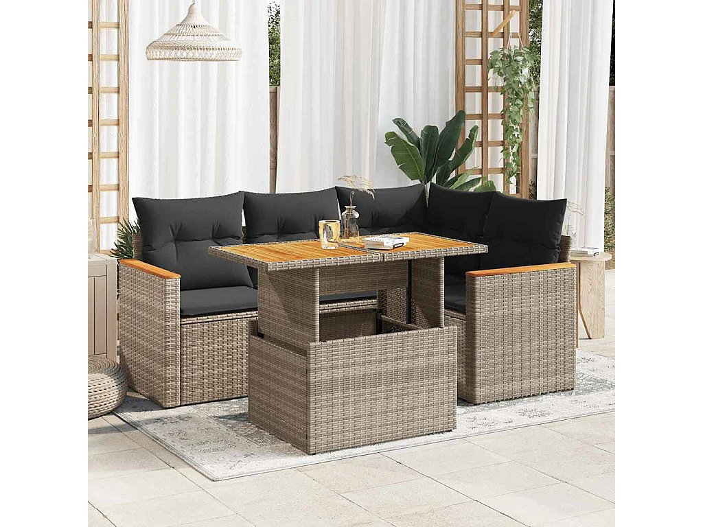 5-delige Loungeset met kussens poly rattan acacia grijs