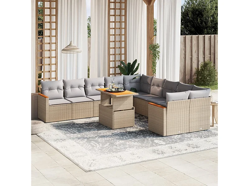 11-delige Tuinset met kussens poly rattan beige