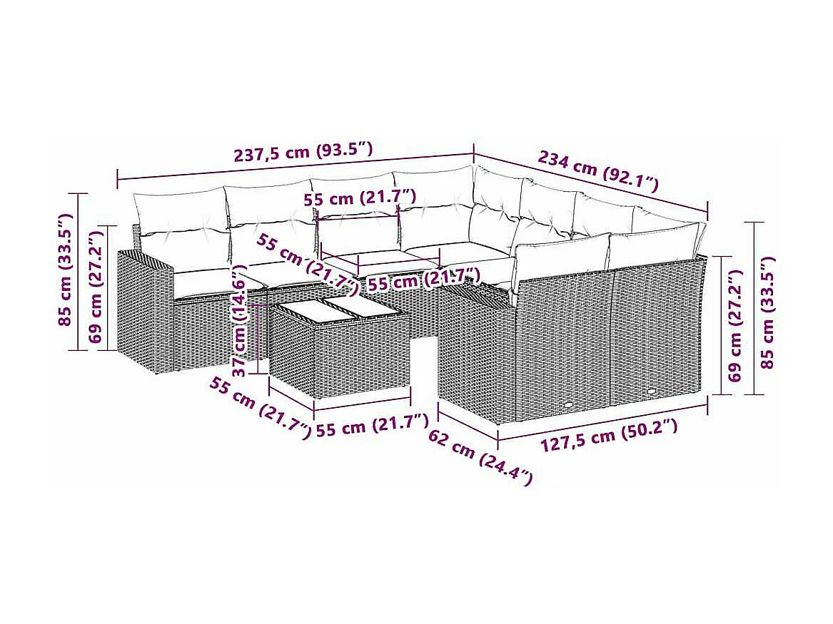 Salon de jardin avec coussins 3 pièces gris clair résine tressée