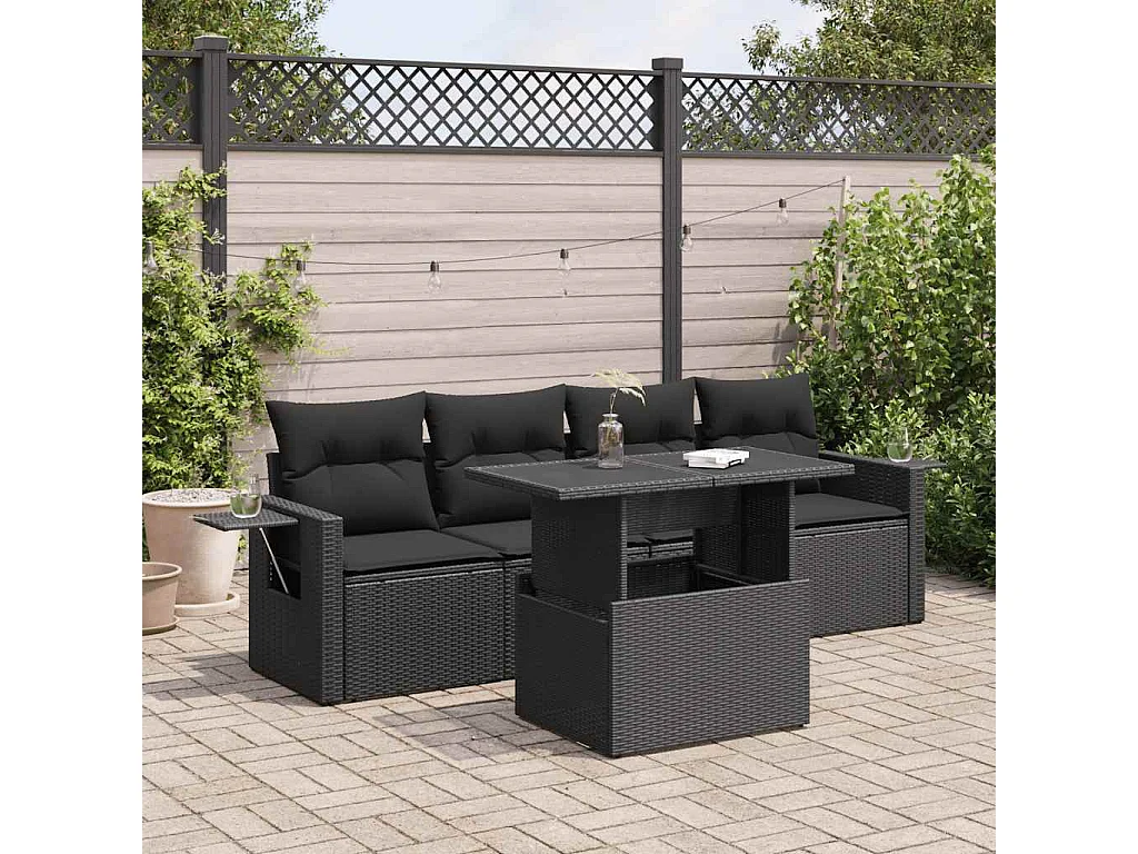 5-delige Loungeset met kussens poly rattan zwart