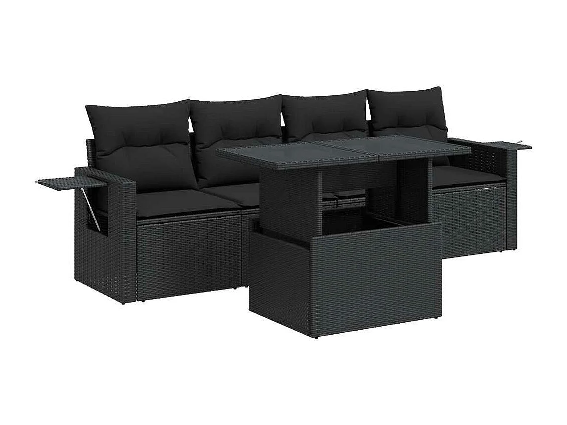 5-delige Loungeset met kussens poly rattan zwart