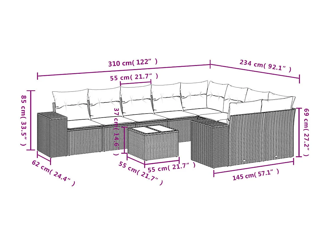 10-delige Loungeset met kussens poly rattan bruin