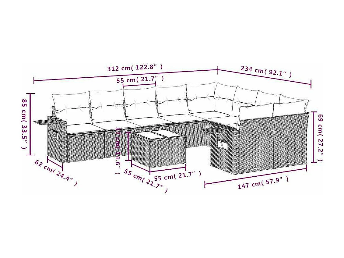 Salon de jardin avec coussins 10 pièces gris clair résine tressée
