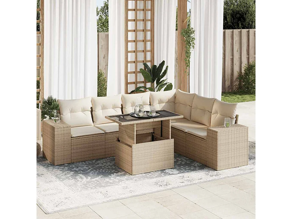 Salon de jardin avec coussins 7 pièces beige résine tressée