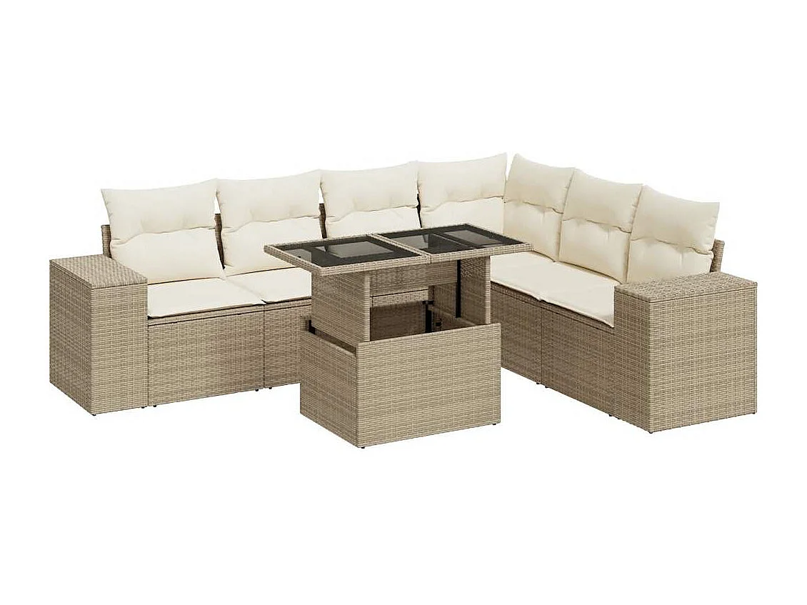 7-delige Loungeset met kussens poly rattan beige