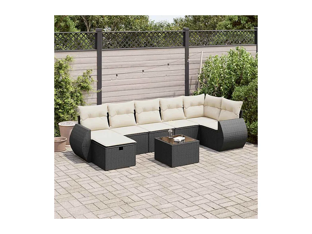 8-delige Loungeset met kussens poly rattan zwart