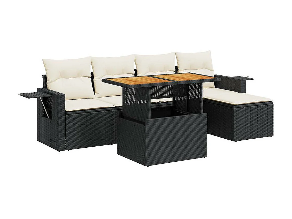 6-delige Loungeset met kussens poly rattan zwart