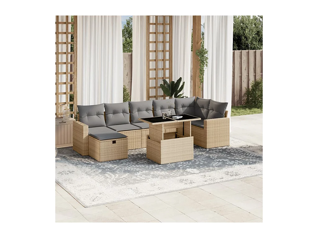 8-delige Loungeset met kussens poly rattan beige