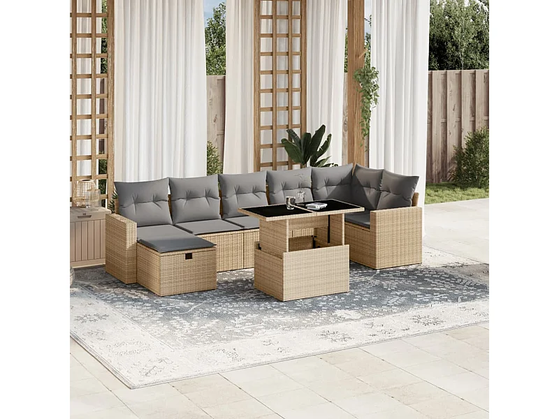 8 peças conjunto de sofás para jardim com almofadões vime PE bege