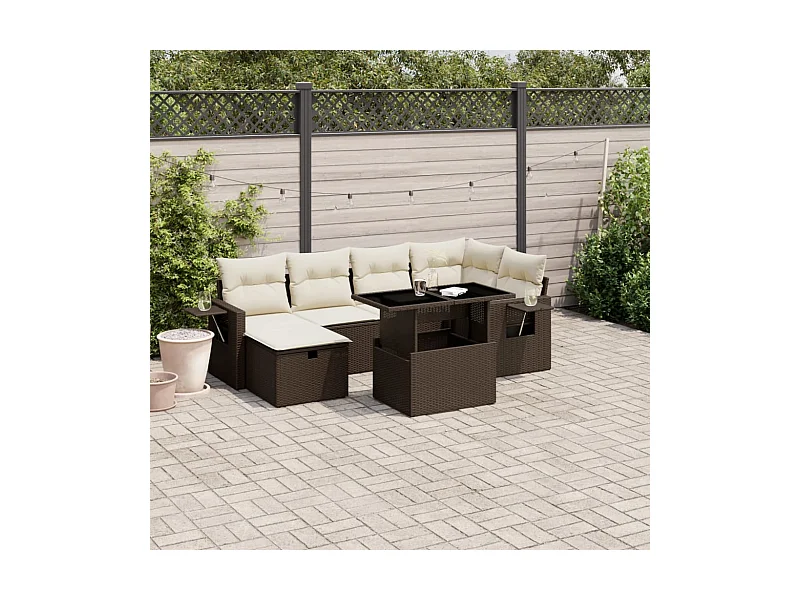 Salon de jardin avec coussins 7 pièces marron résine tressée
