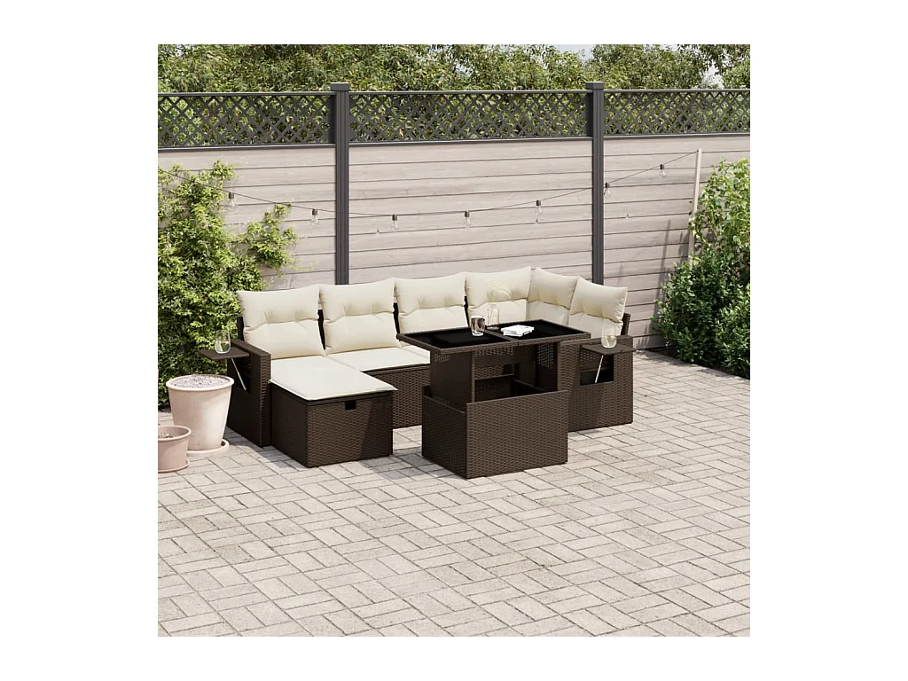 Salon de jardin avec coussins 7 pièces marron résine tressée