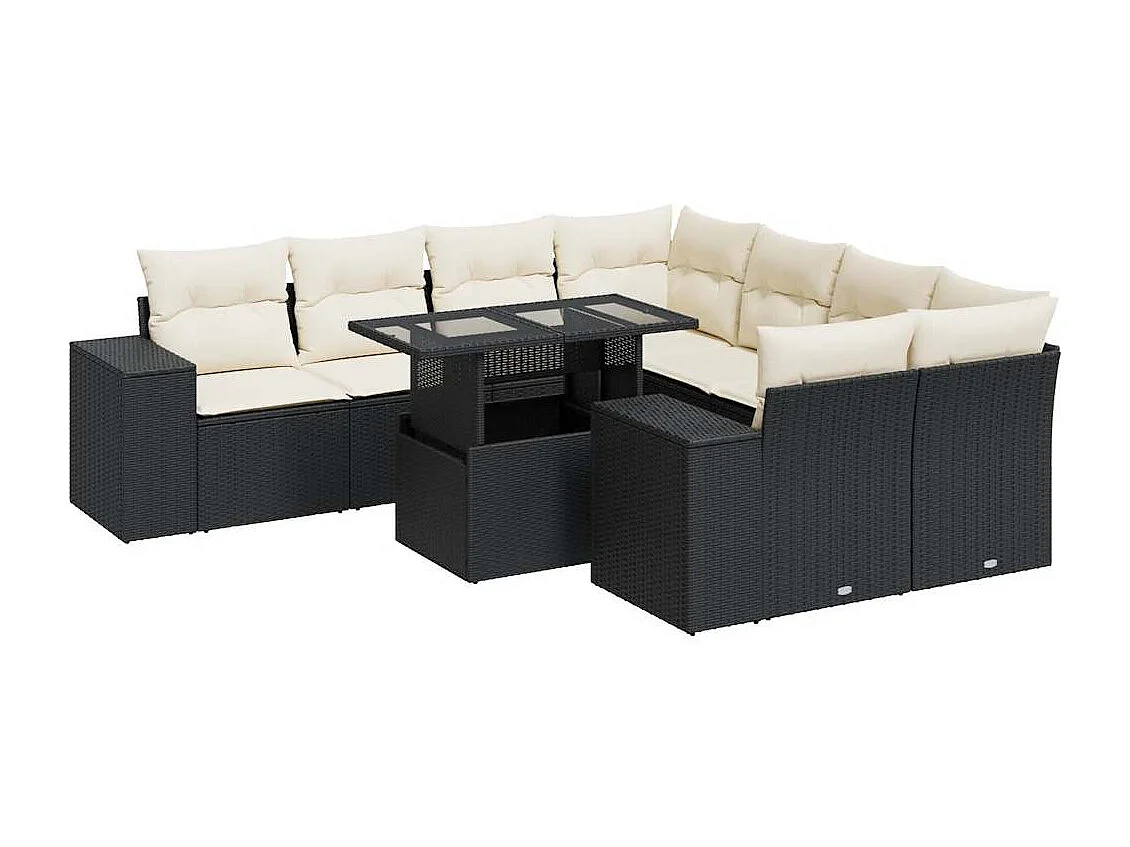 9-delige Loungeset met kussens poly rattan zwart