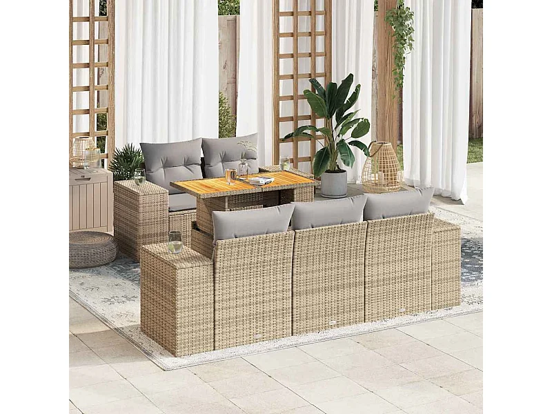 Salon de jardin avec coussins 6 pièces beige résine tressée