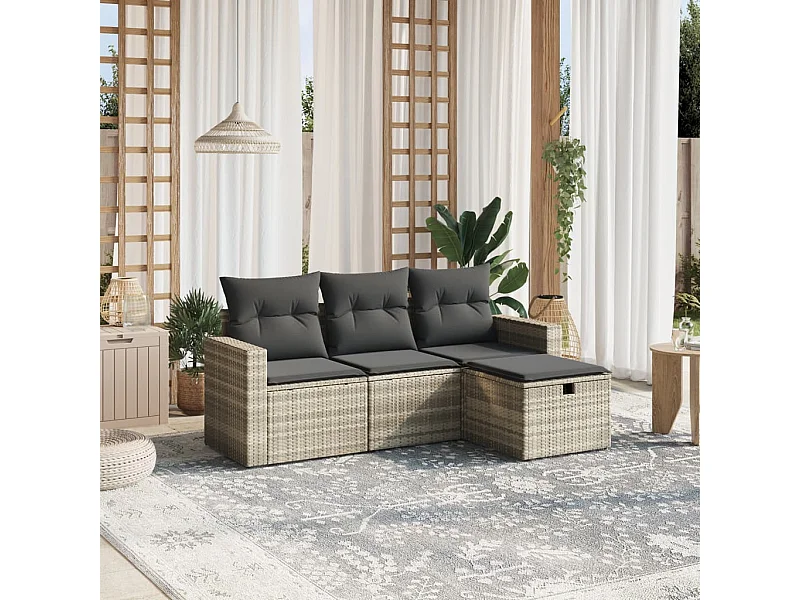 4-delige Loungeset met kussens poly rattan lichtgrijs