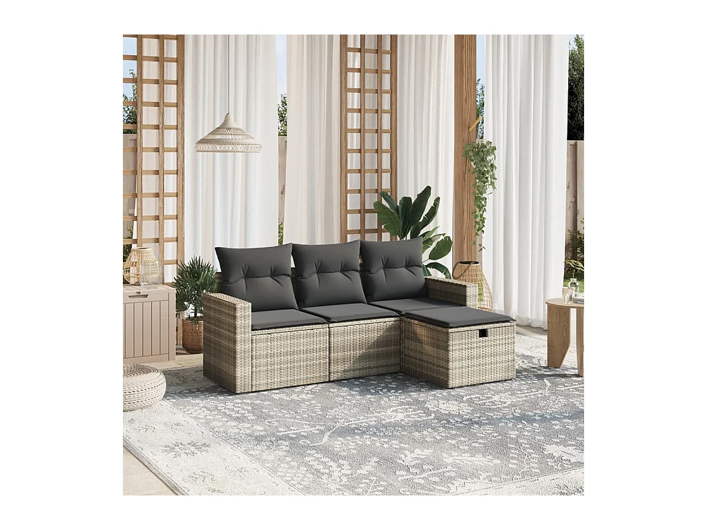 Salon de jardin 4 pièces avec coussins gris clair résine tressée