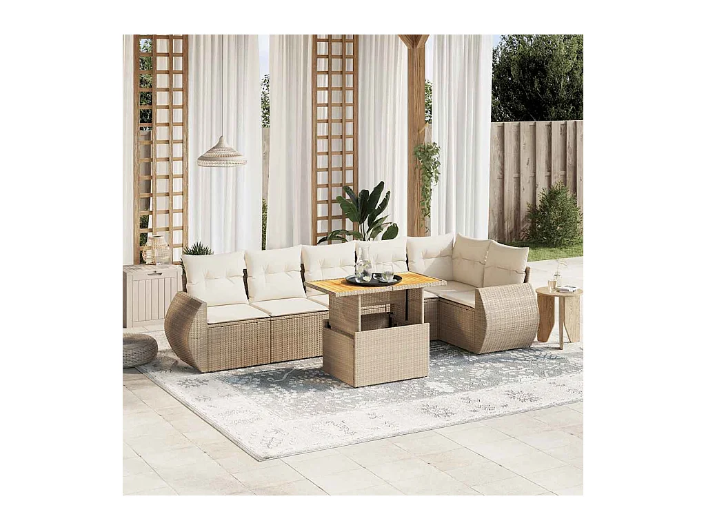 Salon de jardin avec coussins 7 pièces beige résine tressée