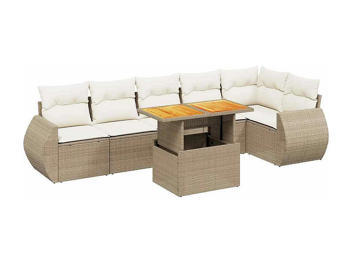 7-delige Loungeset met kussens poly rattan beige