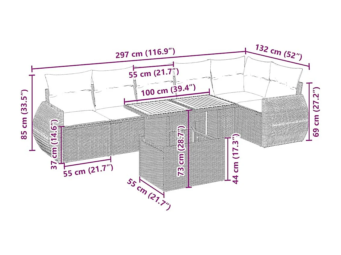 7-delige Loungeset met kussens poly rattan beige