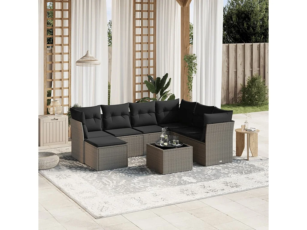Salon de jardin 8 pièces avec coussins gris clair résine tressée