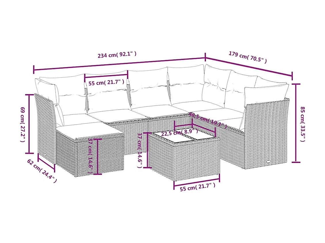 Salon de jardin 8 pièces avec coussins gris clair résine tressée
