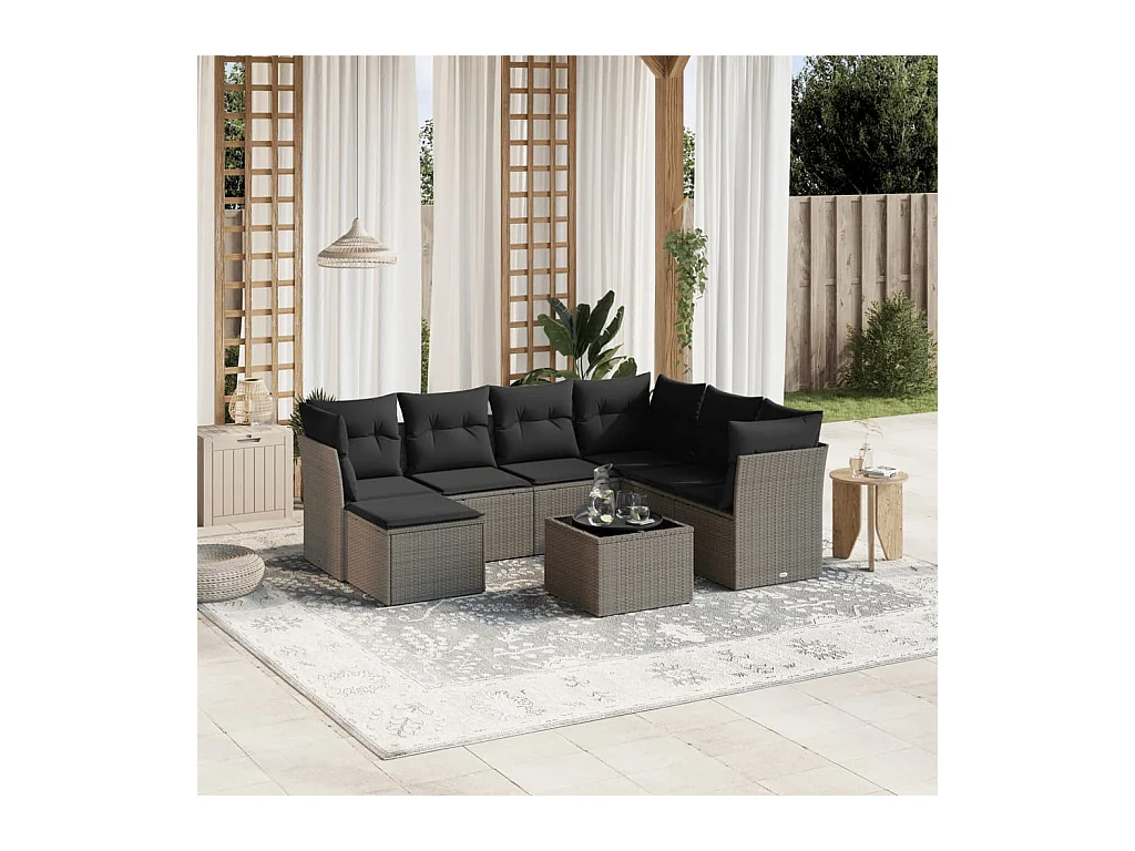 Set de sofás de jardín 8 piezas y cojines ratán sintético gris
