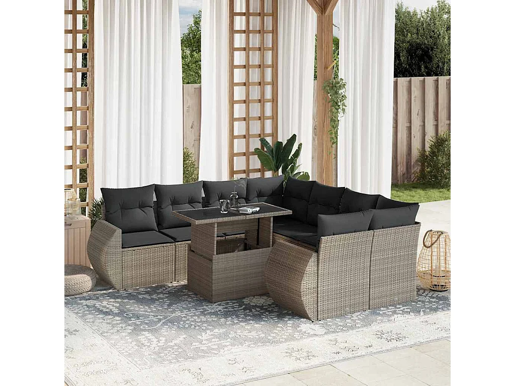 Salon de jardin 9 pièces avec coussins gris clair résine tressée
